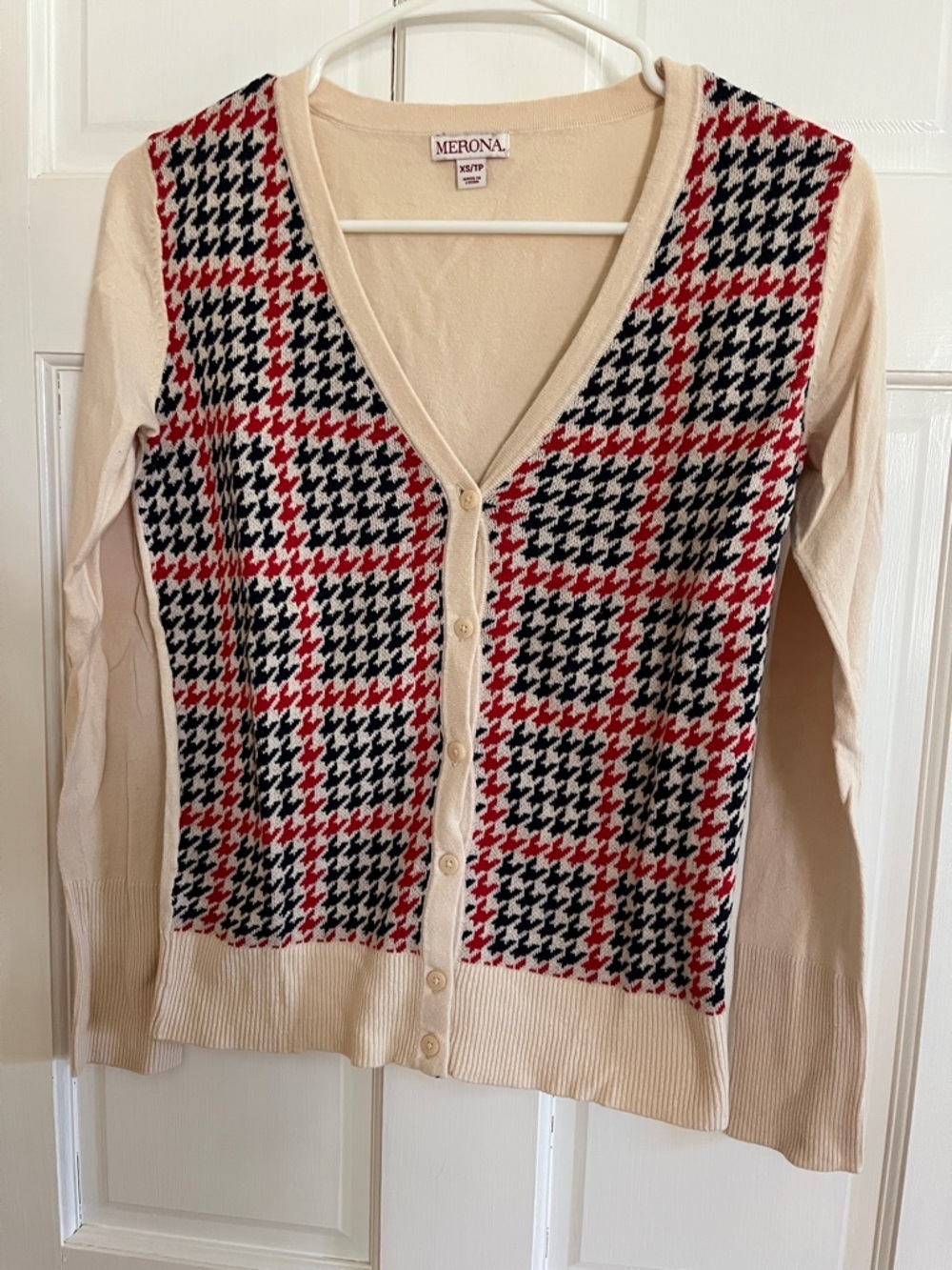 Merona Cream V-Neck Houndstooth Button Cardigan - Red & Black Pattern